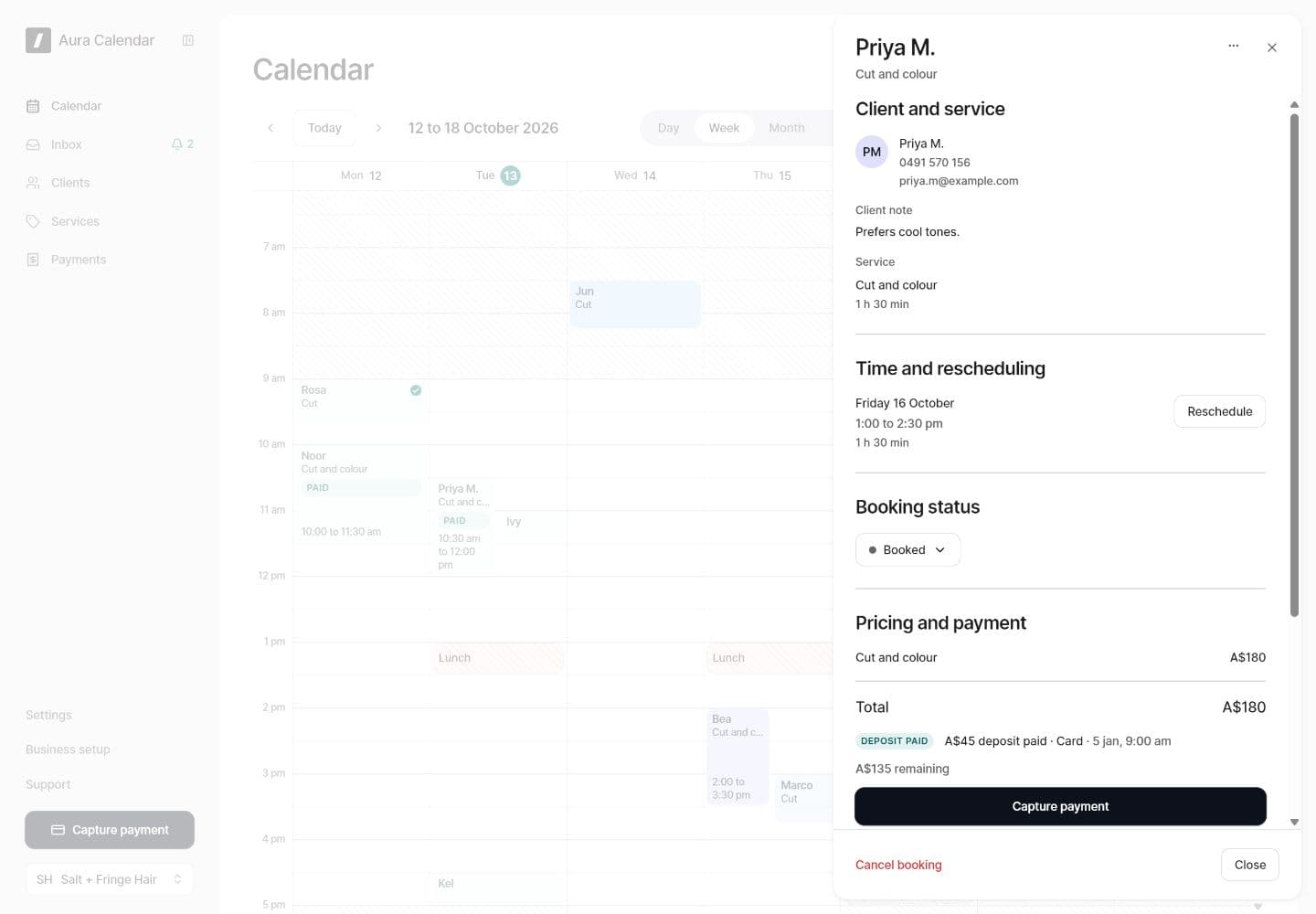 Aura appointment drawer with client details and a deposit payment balance