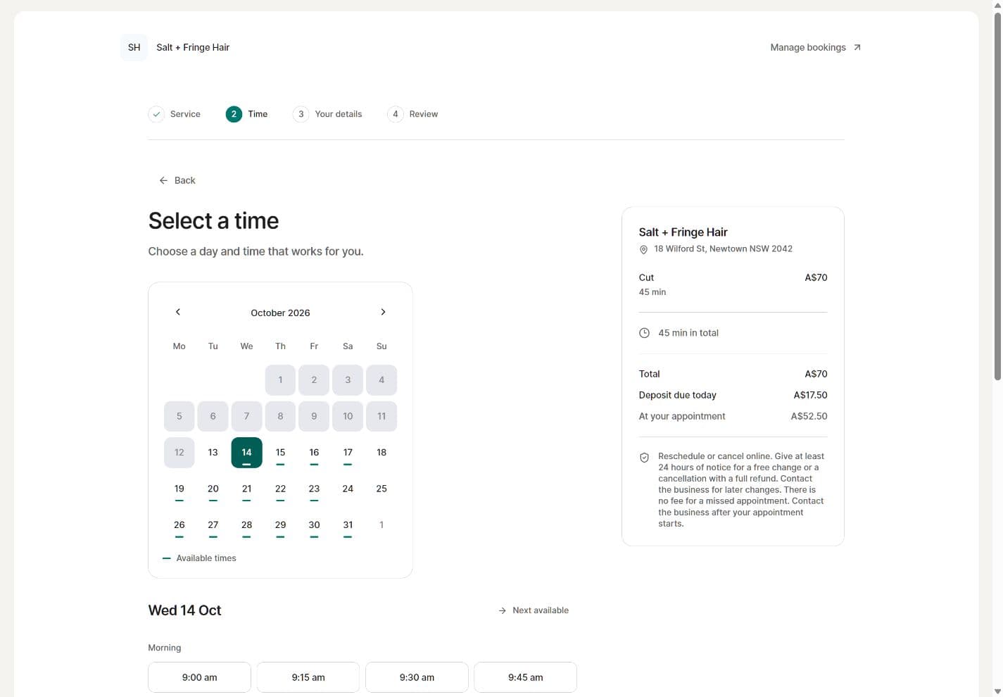 Aura booking date picker with available appointment times and deposit details