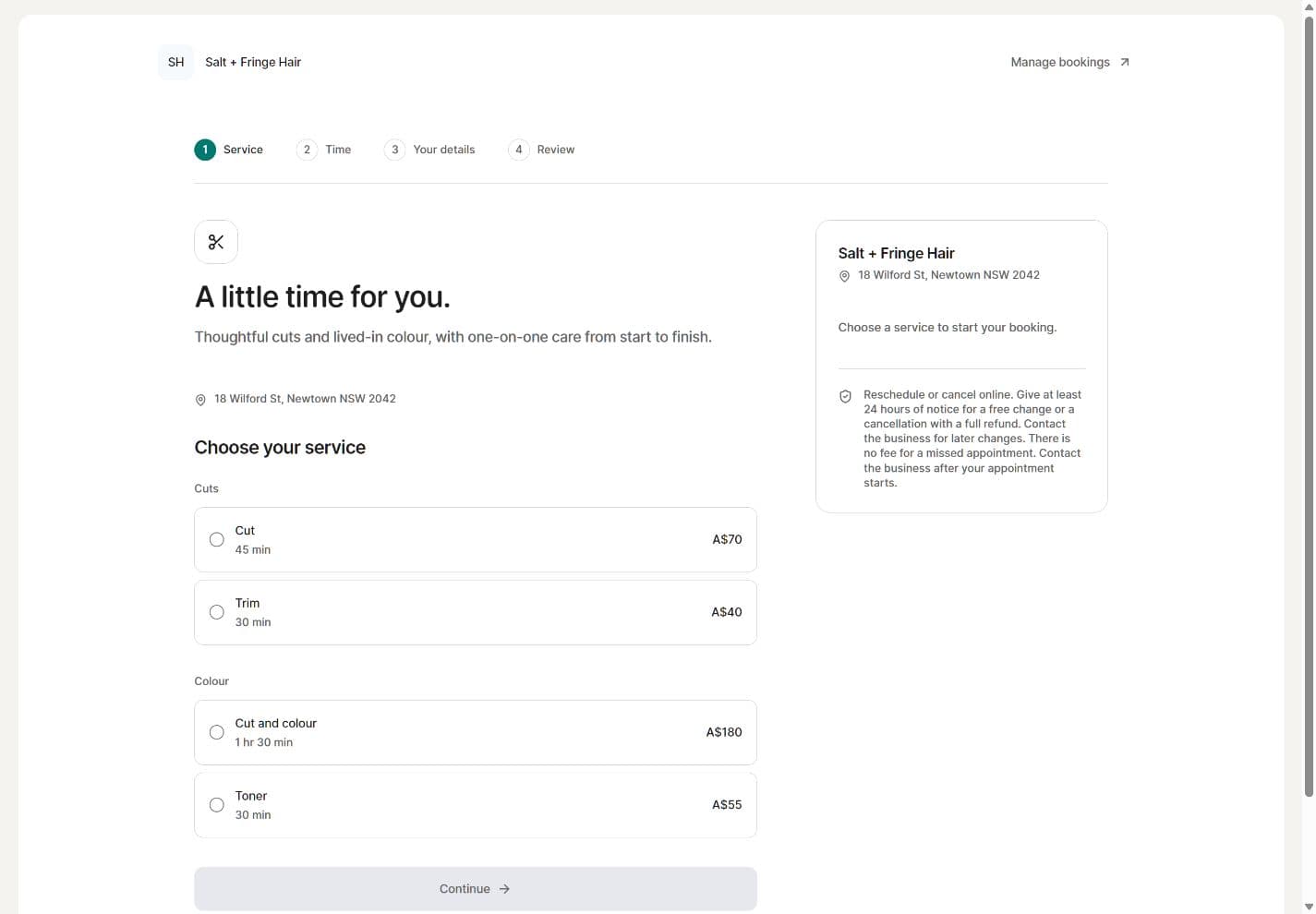 Aura online booking screen
