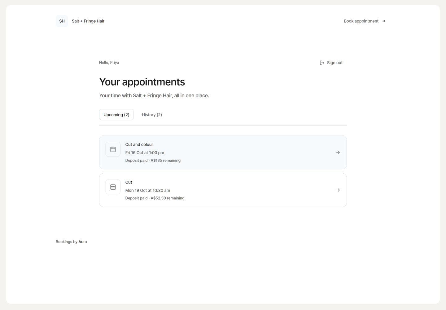 Aura customer portal showing upcoming appointments